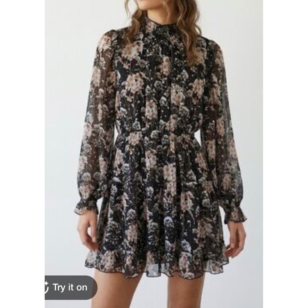 O.P.T. Black Floral Chiffon Metallic Gold Dot Smocked Mini Dress XL boho whimsi